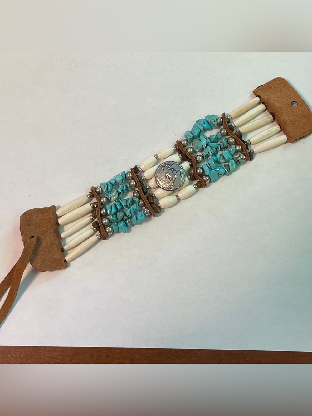 Native Am style Handmade Bone Bead & TurquoiseBracelet Beaded Leather Ties, 8.5”